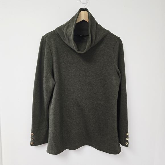 Talbots Sweatshirt Sweater MP Petite M Funnel Neck Olive Green Button Cuffs - Picture 1 of 9